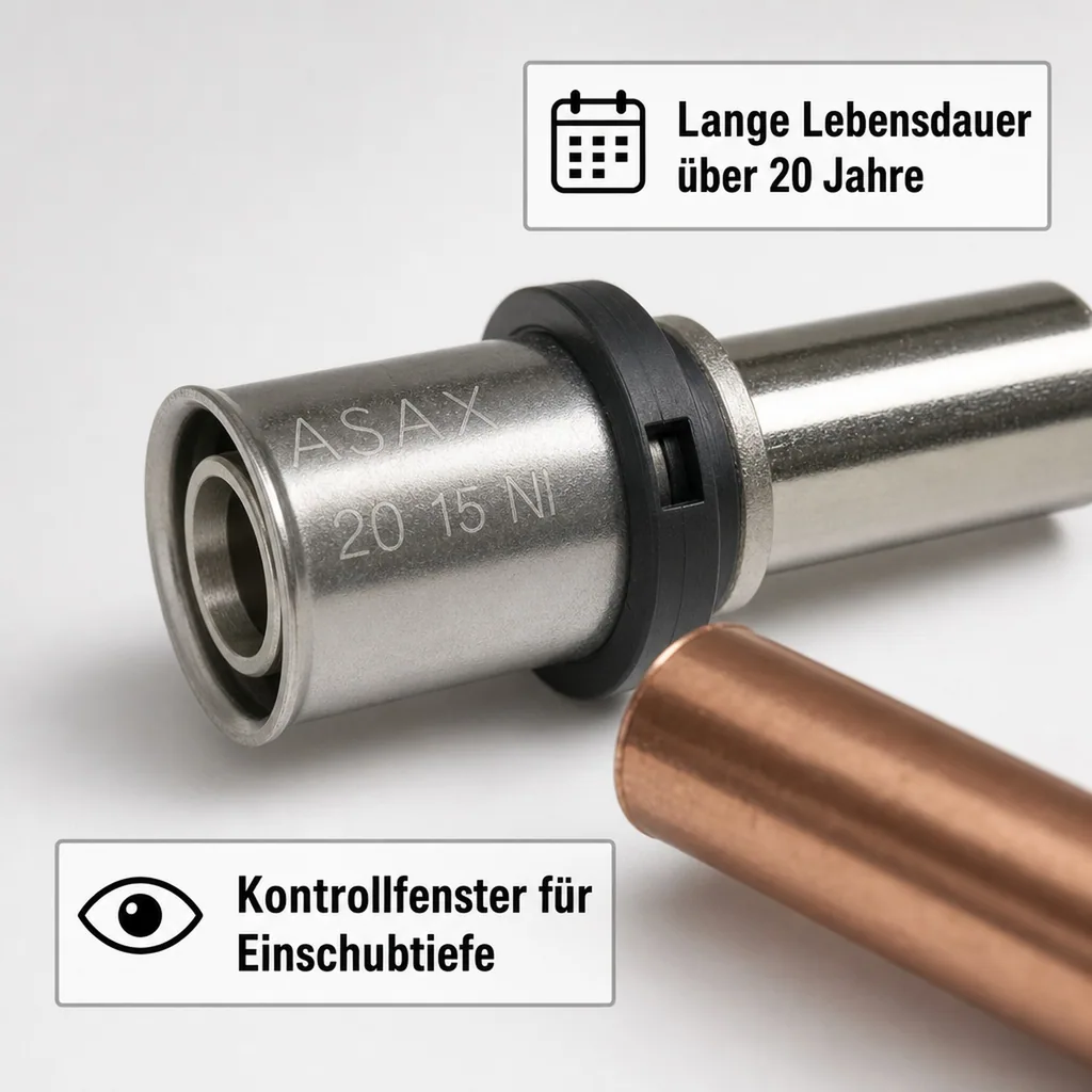 Pressfitting, Rohrverbinder, Kupferrohr, 20 x 15 mm, vernickelt