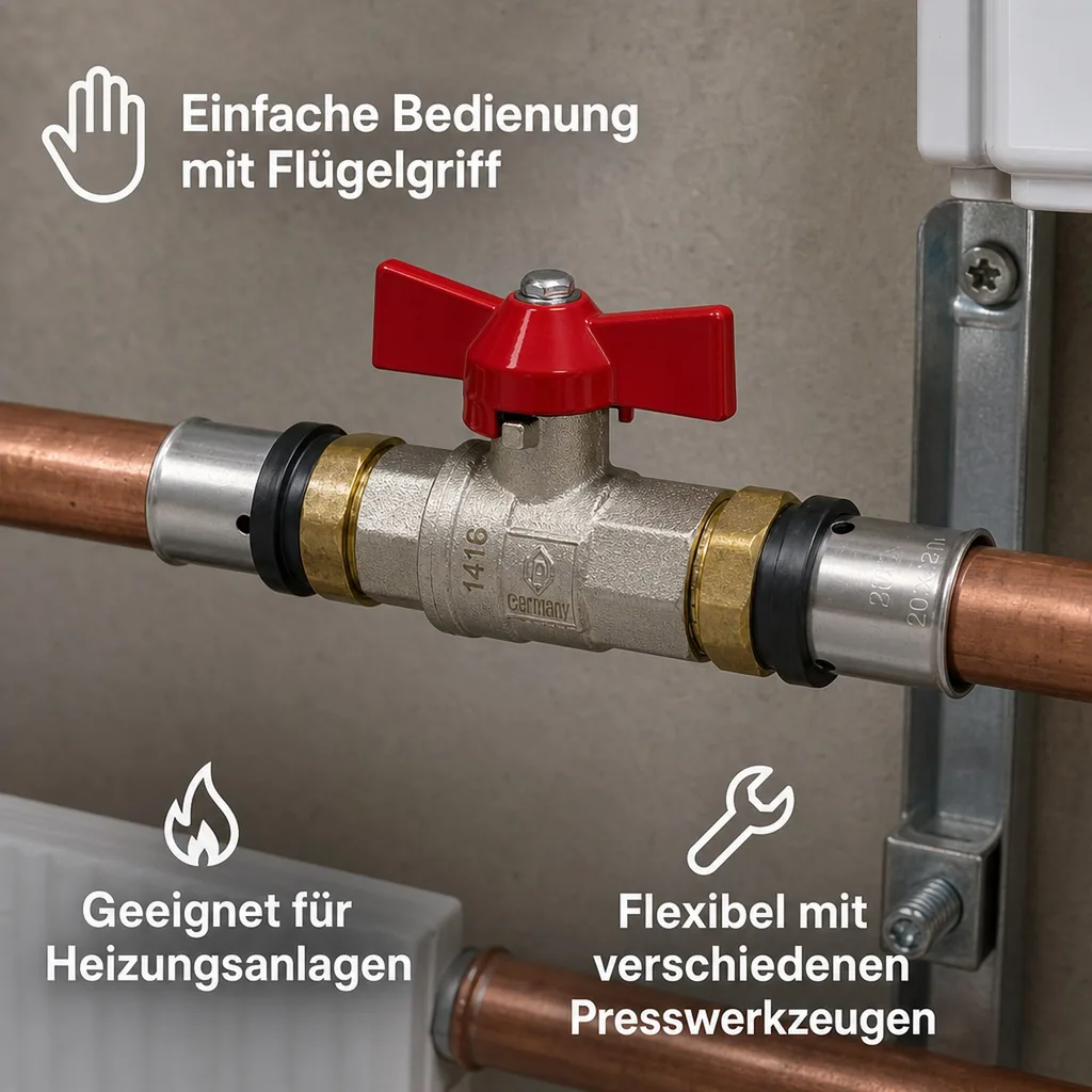 Kugelhahn Pressfitting 16mm, Rotguss, Flügelgriff