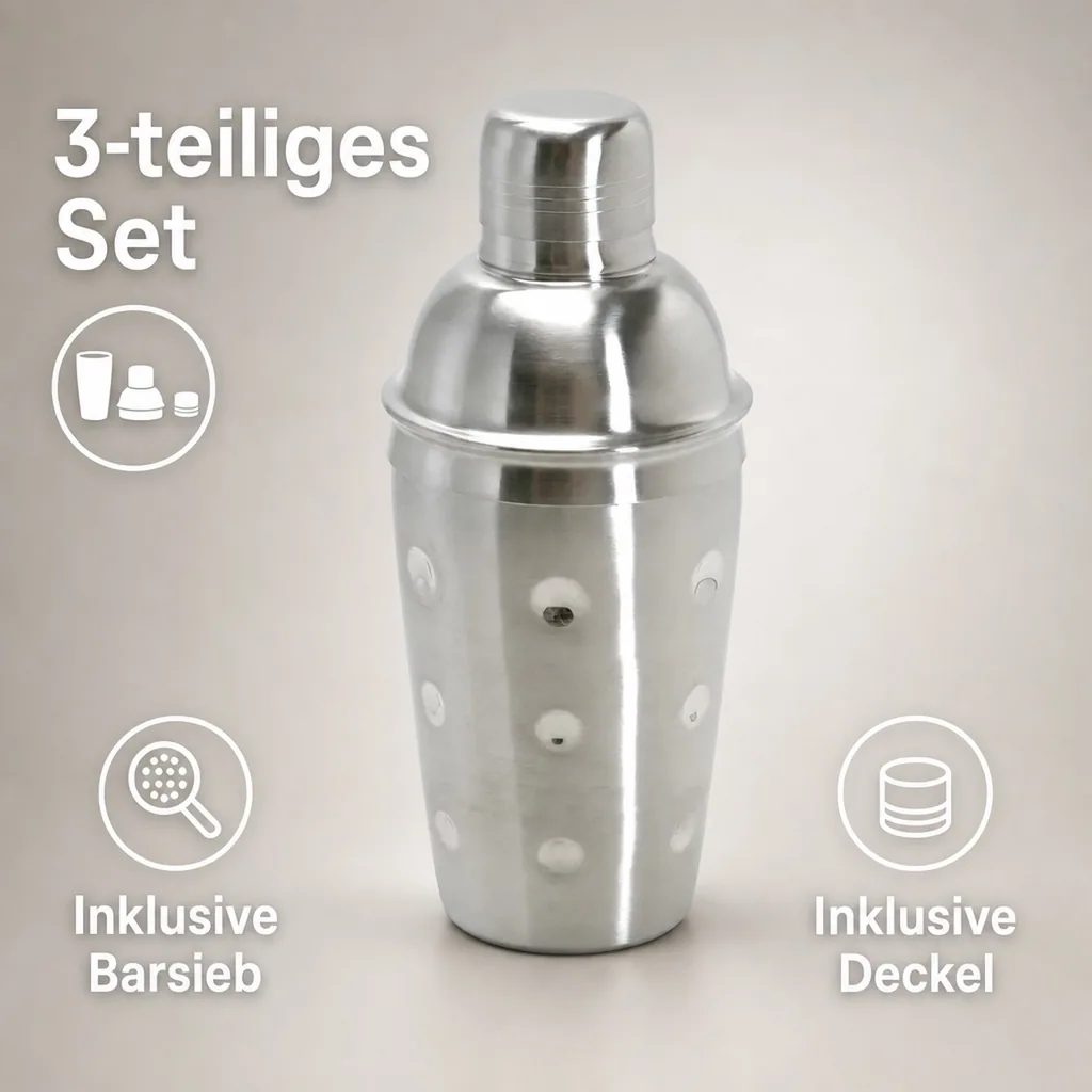 Cocktail shaker 3tlg. - Edelstahl mit Sieb - 500 ml.