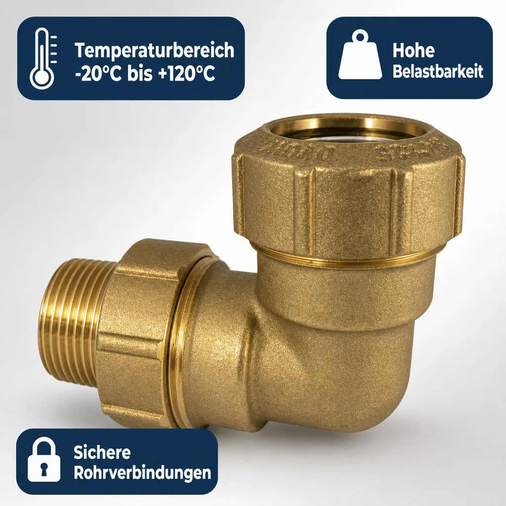 PE Rohr Verschraubung 40mm, Messing Winkel 90°, Trinkwasser, Gas