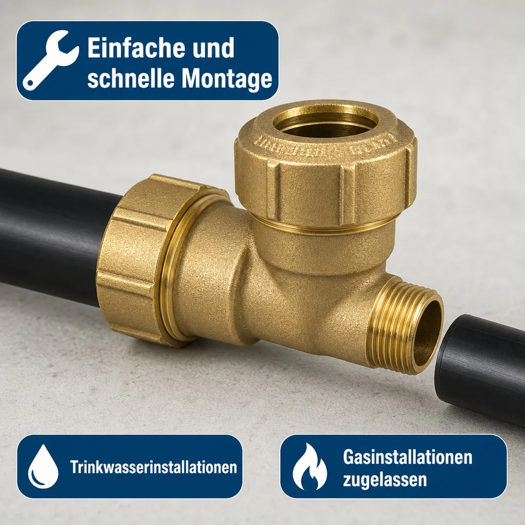 PE Rohr Verschraubung 40mm, Messing Winkel 90°, Trinkwasser, Gas