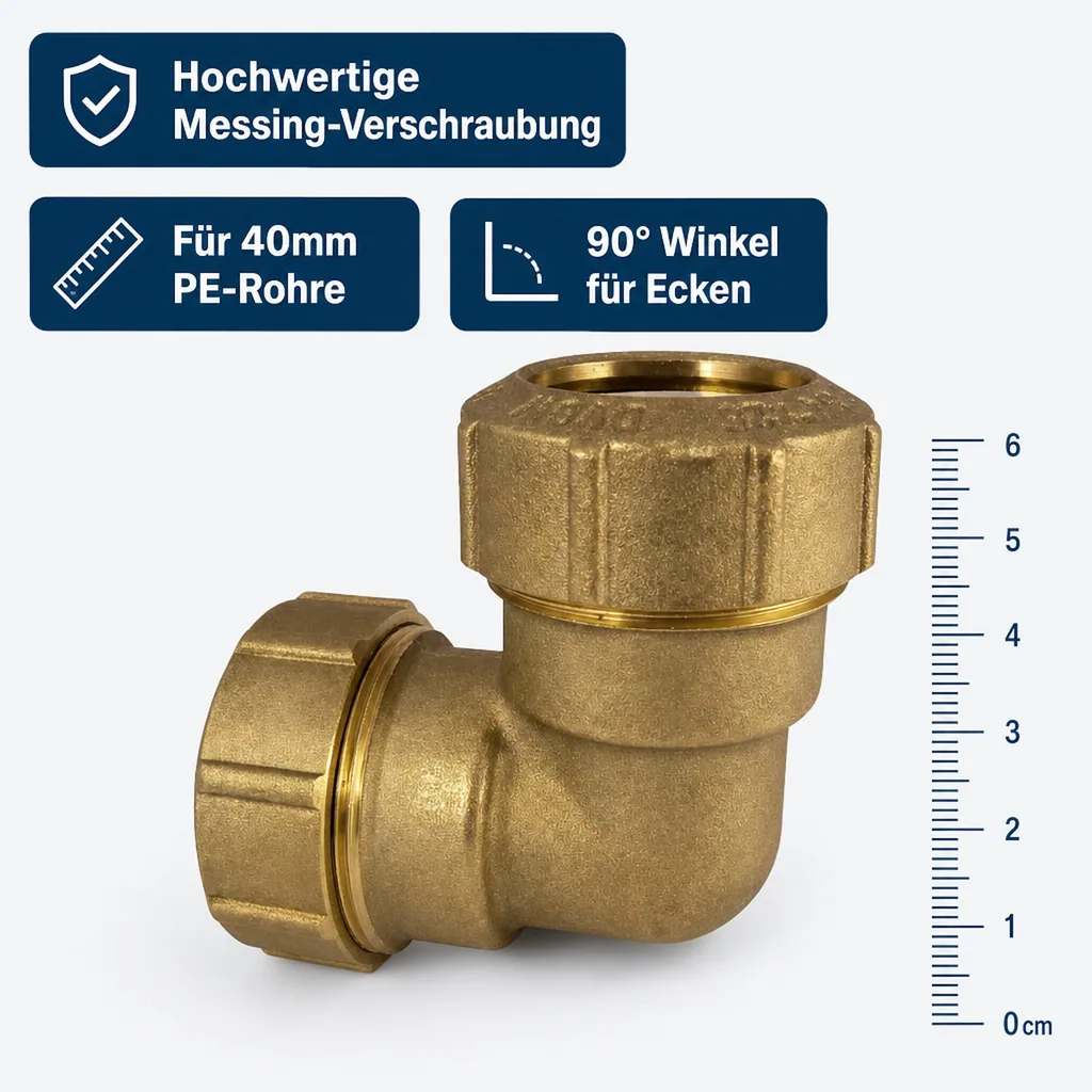PE Rohr Verschraubung 40mm, Messing Winkel 90°, Trinkwasser, Gas