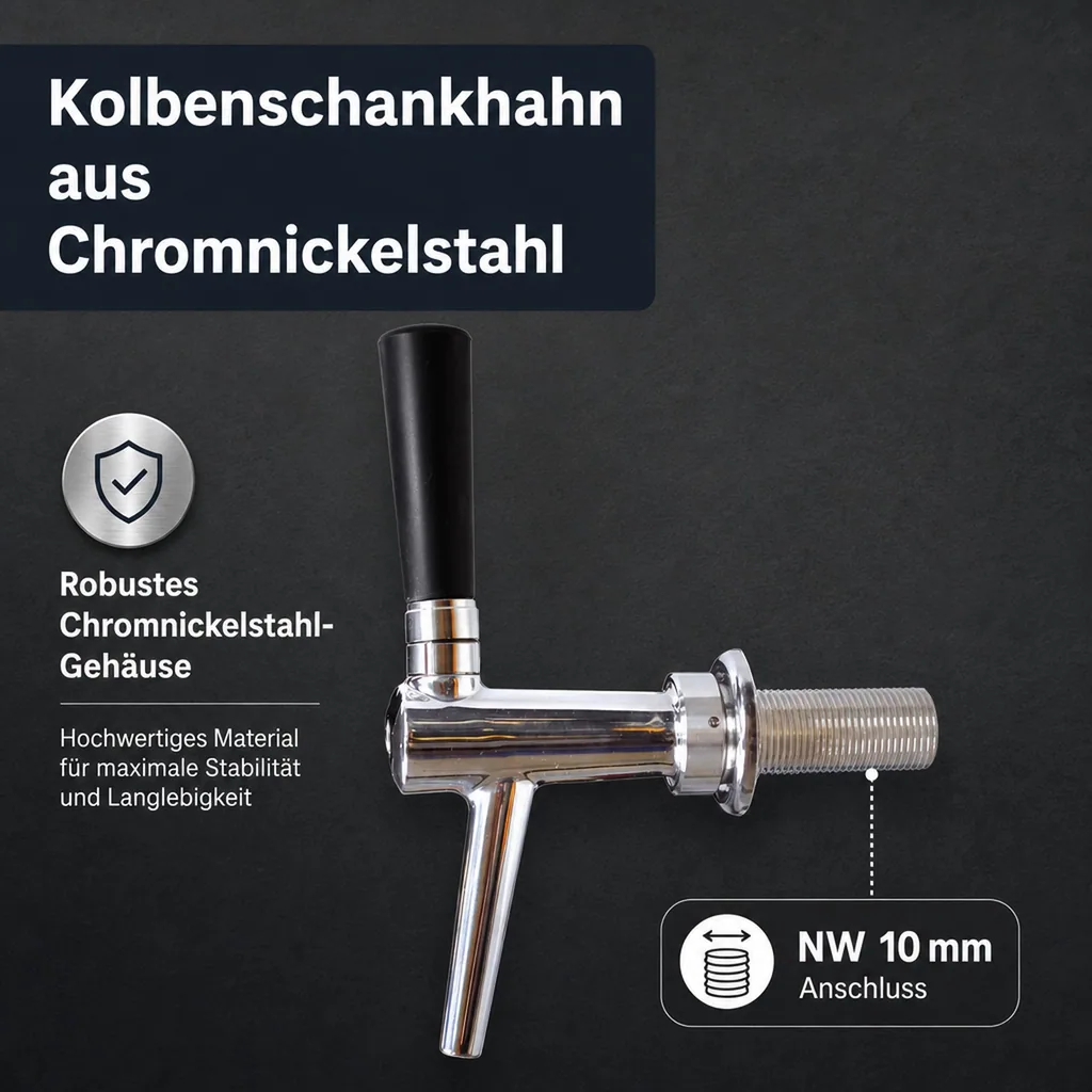 Zapfhahn, Bierzapfhahn, Schankhahn, Kolbenschankhahn aus Chromnickelstahl, Modell - C-TAP, NW 10mm, Poliert, Gewindelänge: 55 mm
