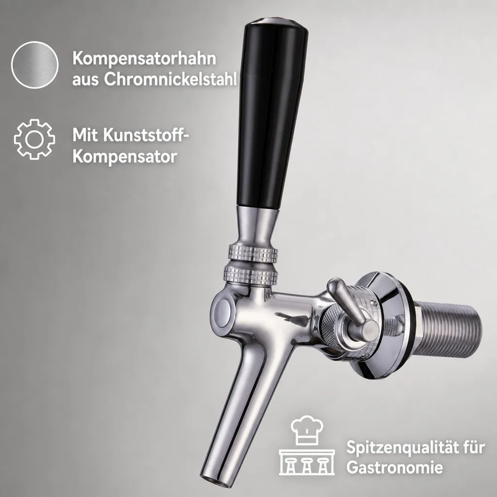 Zapfhahn, Kompensatorhahn, Bierzapfhahn, Schankhahn aus Chromnickelstahl mit Kunststoff-Kompensator, Poliert