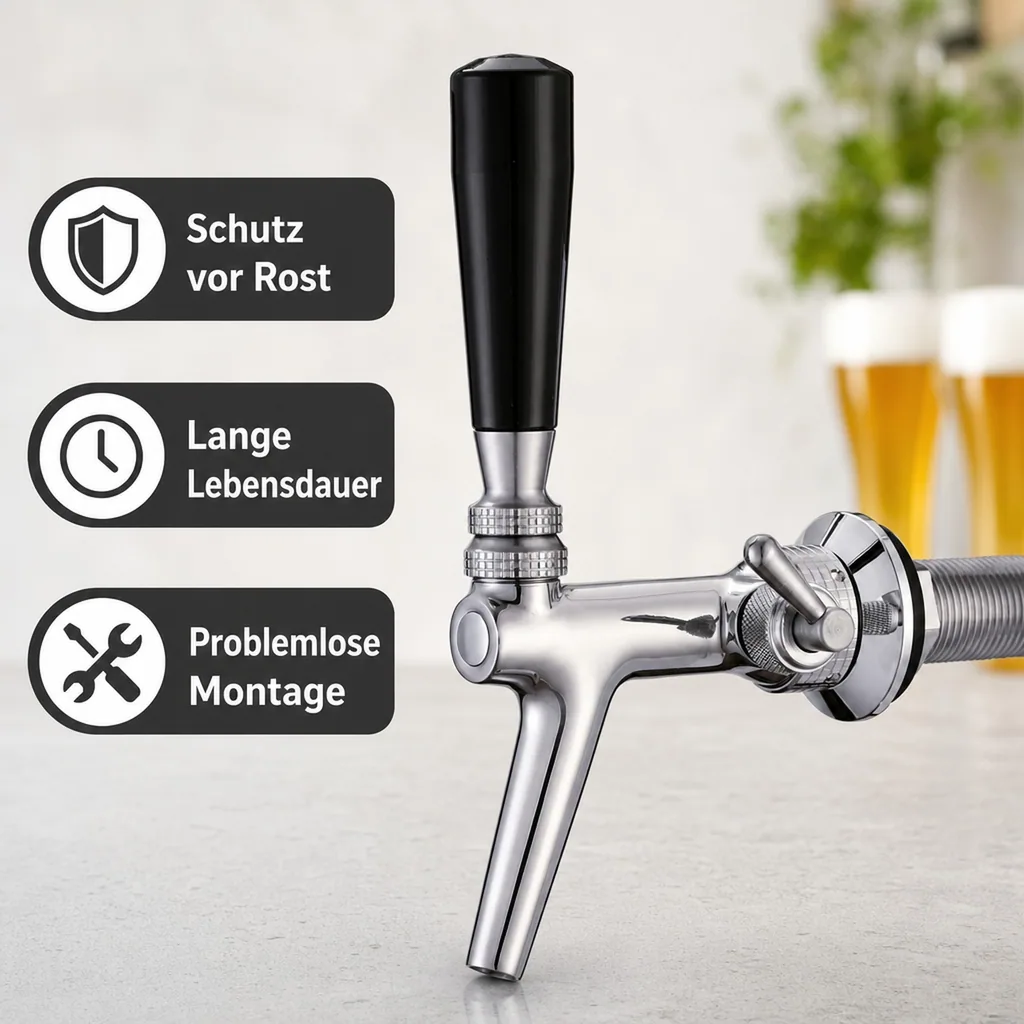 Zapfhahn, Kompensatorhahn, Bierzapfhahn, Schankhahn aus Chromnickelstahl mit Kunststoff-Kompensator, Poliert