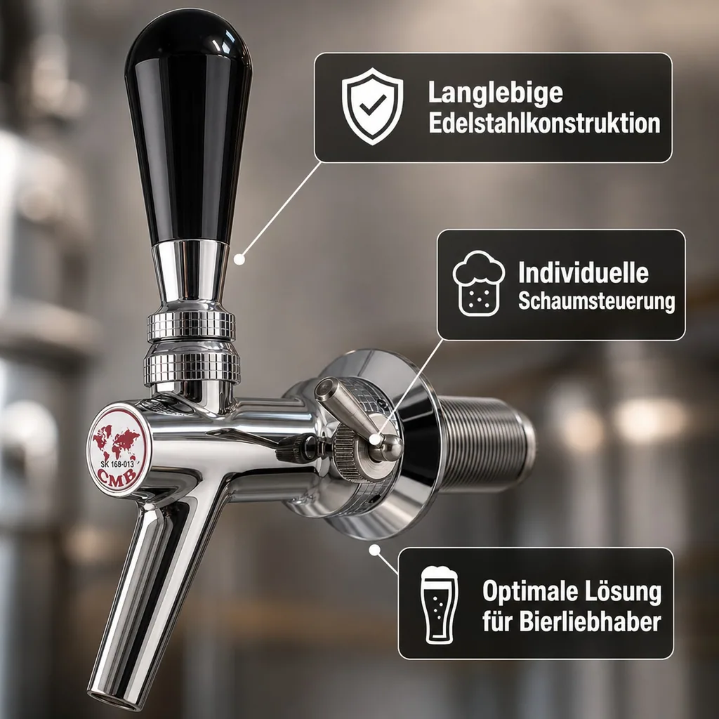 Zapfhahn, Kompensatorhahn, Bierzapfhahn, Schankhahn aus Chromnickelstahl, Modell - V10, Poliert, Gewindelänge: 55 mm