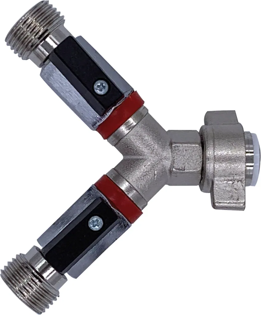 Absperrhahn, Absperrventil 2-leitig, für Druckminderer, Gewindegrößen: 1 x 1/2“ IG und 2 x 1/2“ AG