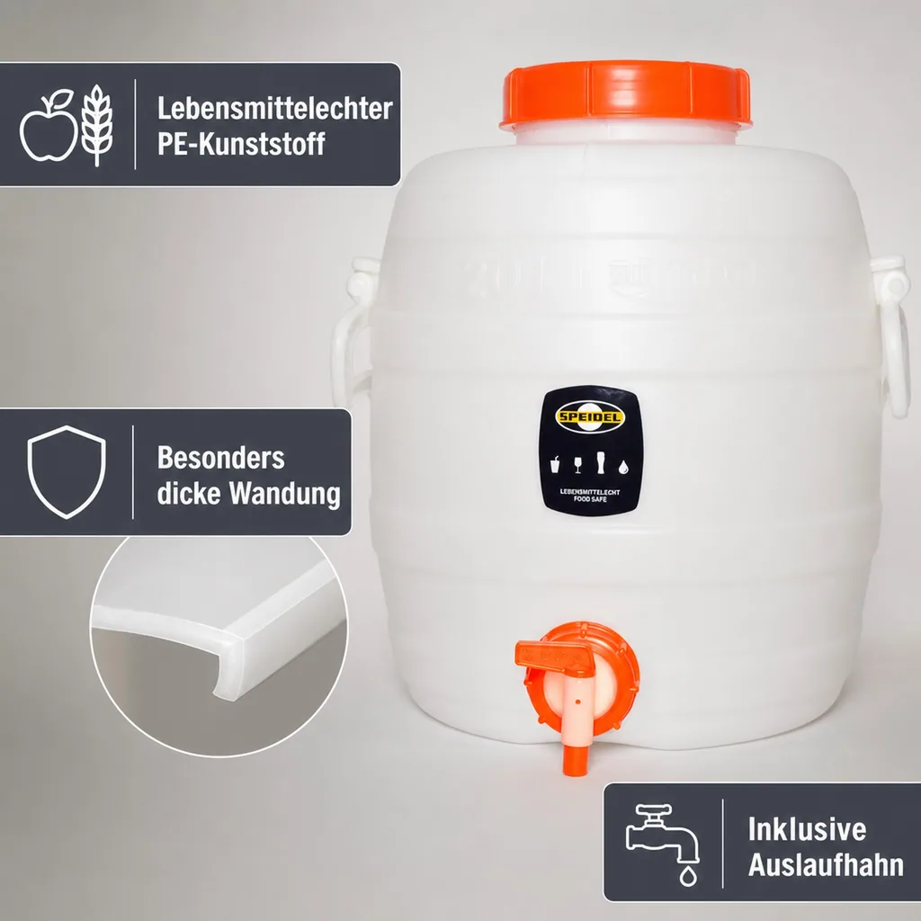 Speidel Gärbehälter, Getränkefass, Mostfass rund, Kunststoff - mit Deckel und Auslaufhahn - 20L