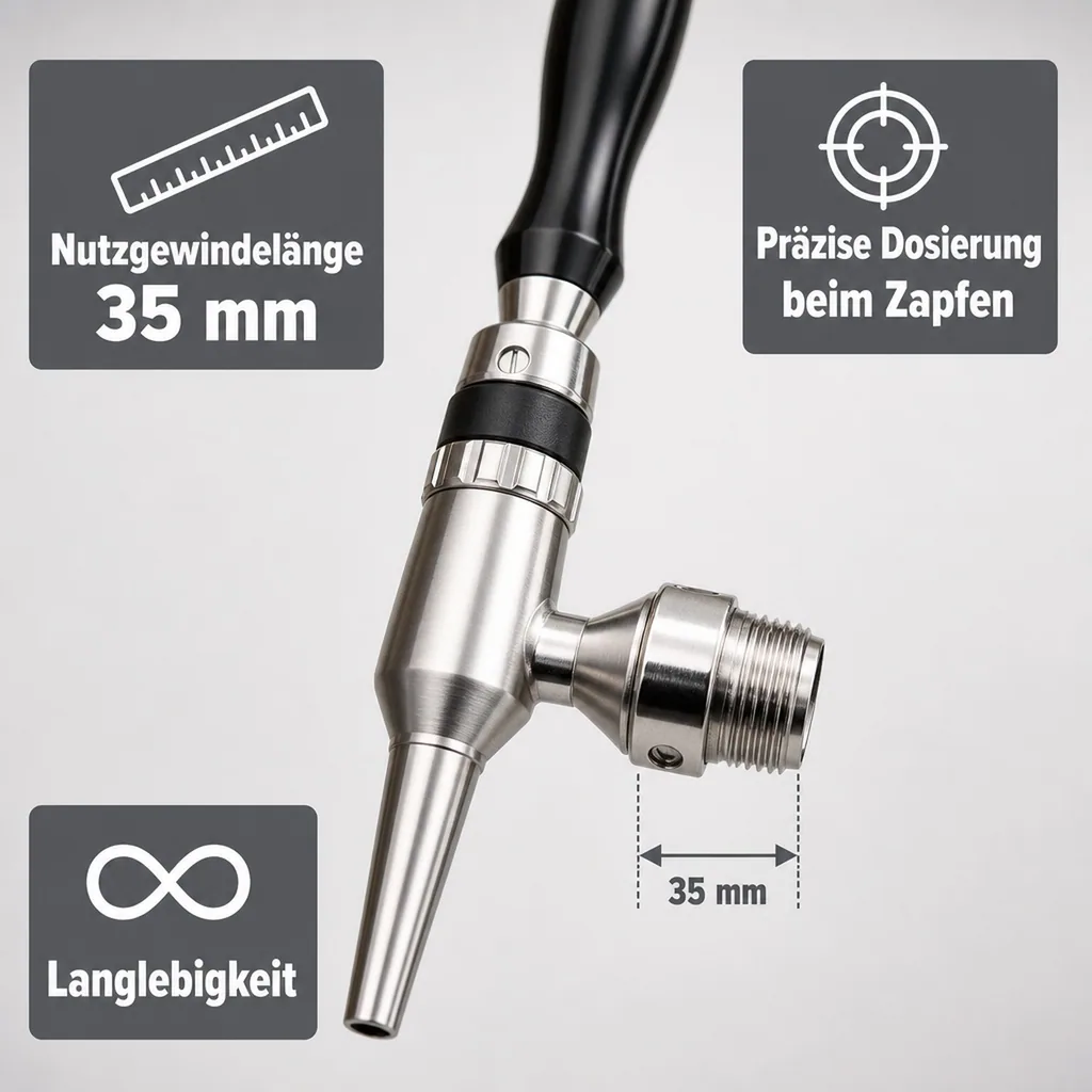 Bierzapfhahn, Kompensatorhahn Nordic - aus satiniertem stahl ohne kompensatorschaft 5/8" + starke düse, Gewindelänge: 35 mm