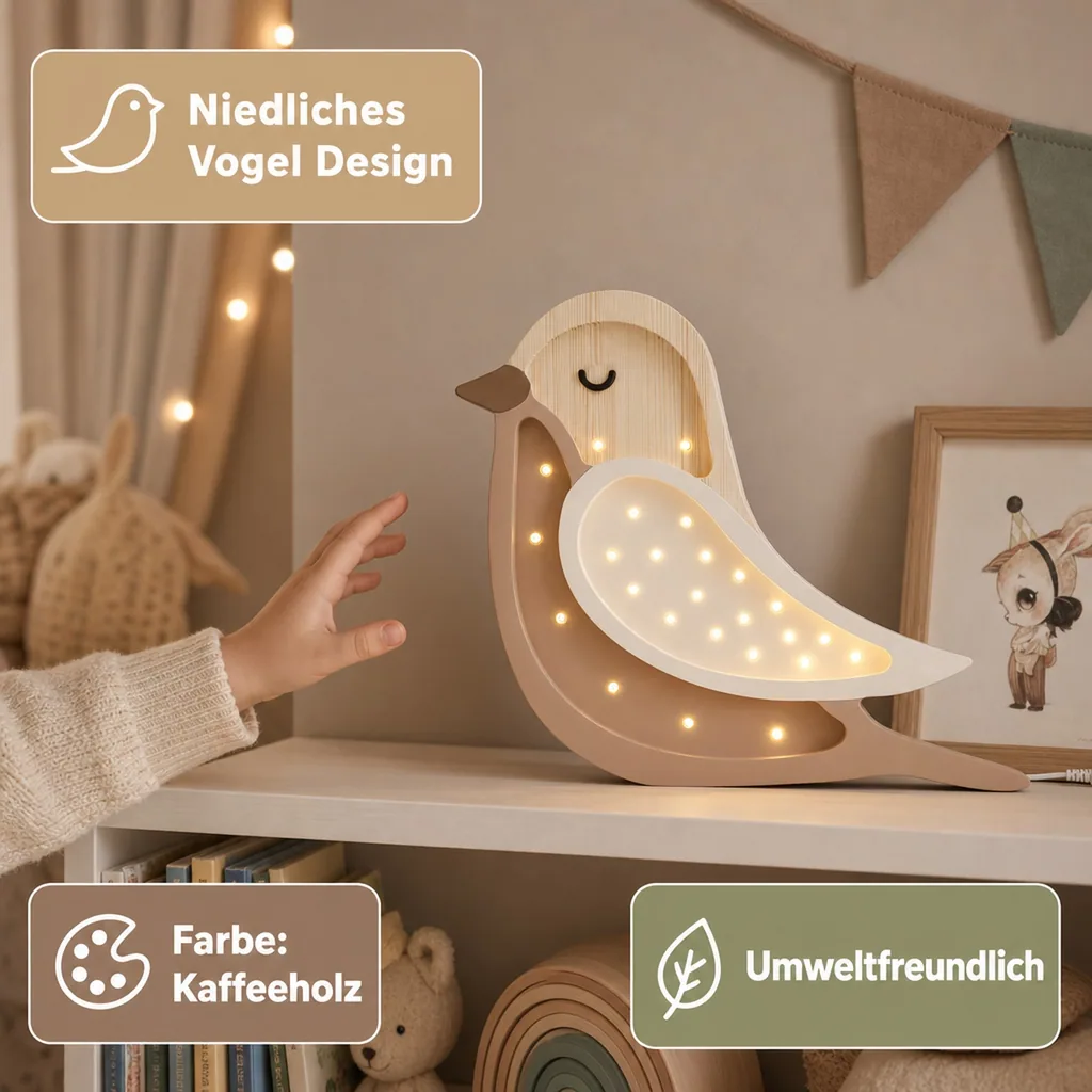 Little Lights Nachtlicht Kinder, Nachtlampe Vogel - 100% Kiefernholz natur, Farbe: Kaffeeholz