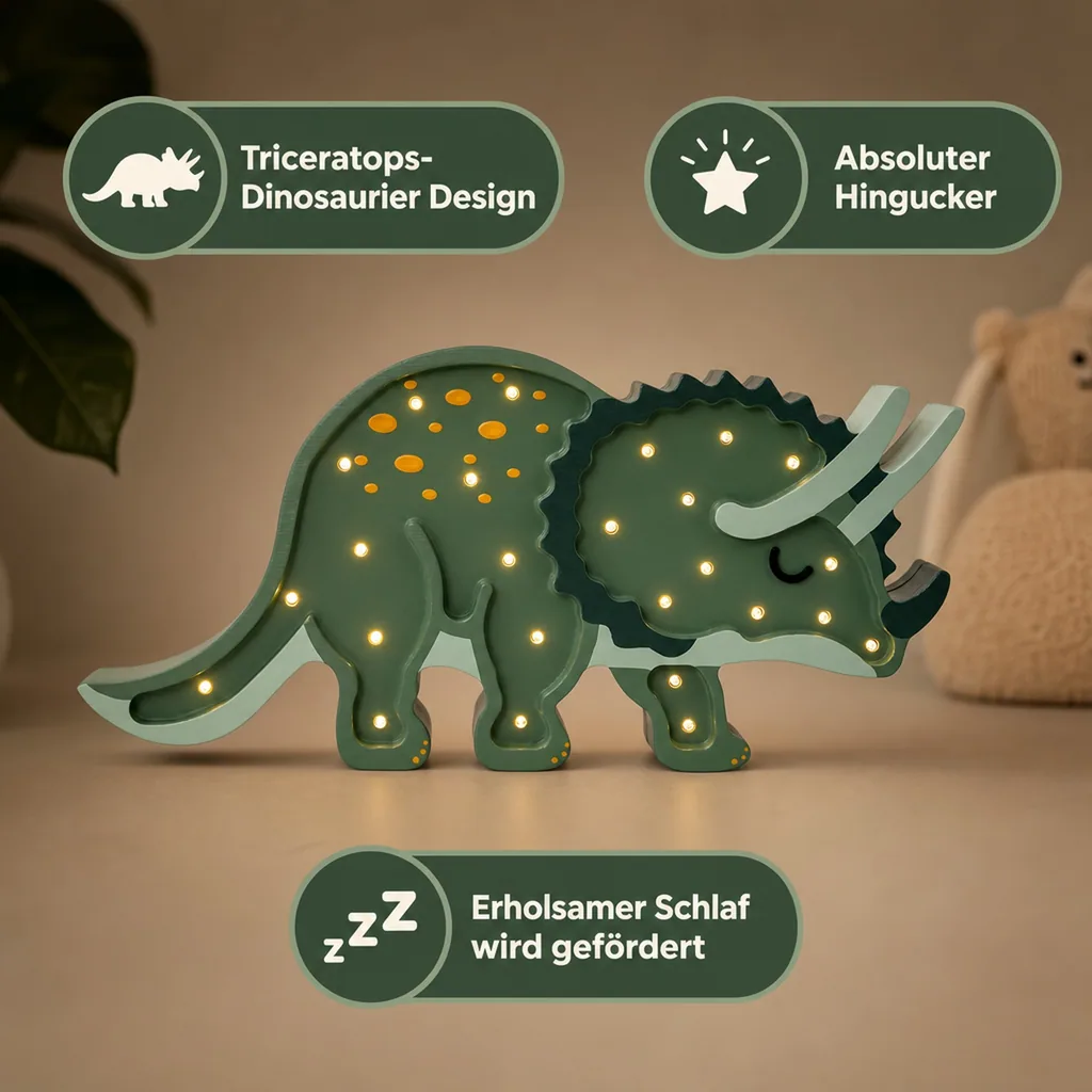 Little Lights Nachtlicht Kinder, Nachtlampe Triceratops-Dinosaurier - 100% Kiefernholz natur, Farbe: Militärgrün