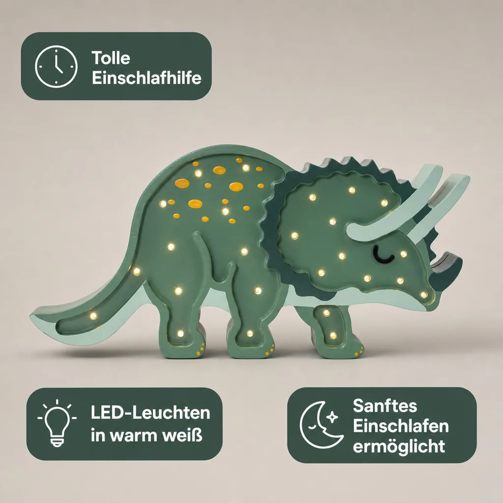 Little Lights Nachtlicht Kinder, Nachtlampe Triceratops-Dinosaurier - 100% Kiefernholz natur, Farbe: Militärgrün