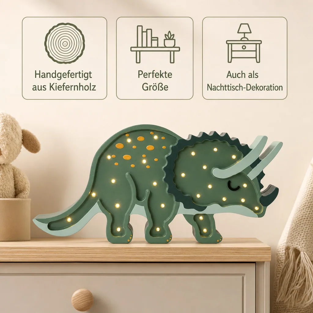 Little Lights Nachtlicht Kinder, Nachtlampe Triceratops-Dinosaurier - 100% Kiefernholz natur, Farbe: Militärgrün