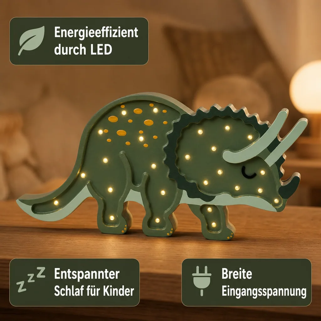 Little Lights Nachtlicht Kinder, Nachtlampe Triceratops-Dinosaurier - 100% Kiefernholz natur, Farbe: Militärgrün