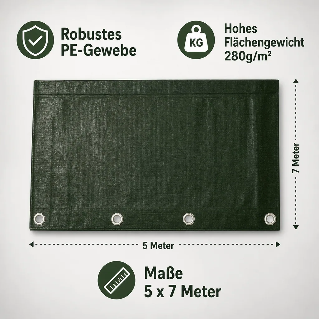 Abdeckplane 280g/m², grün, wasserdicht, reißfest, 5x7m (35m²)
