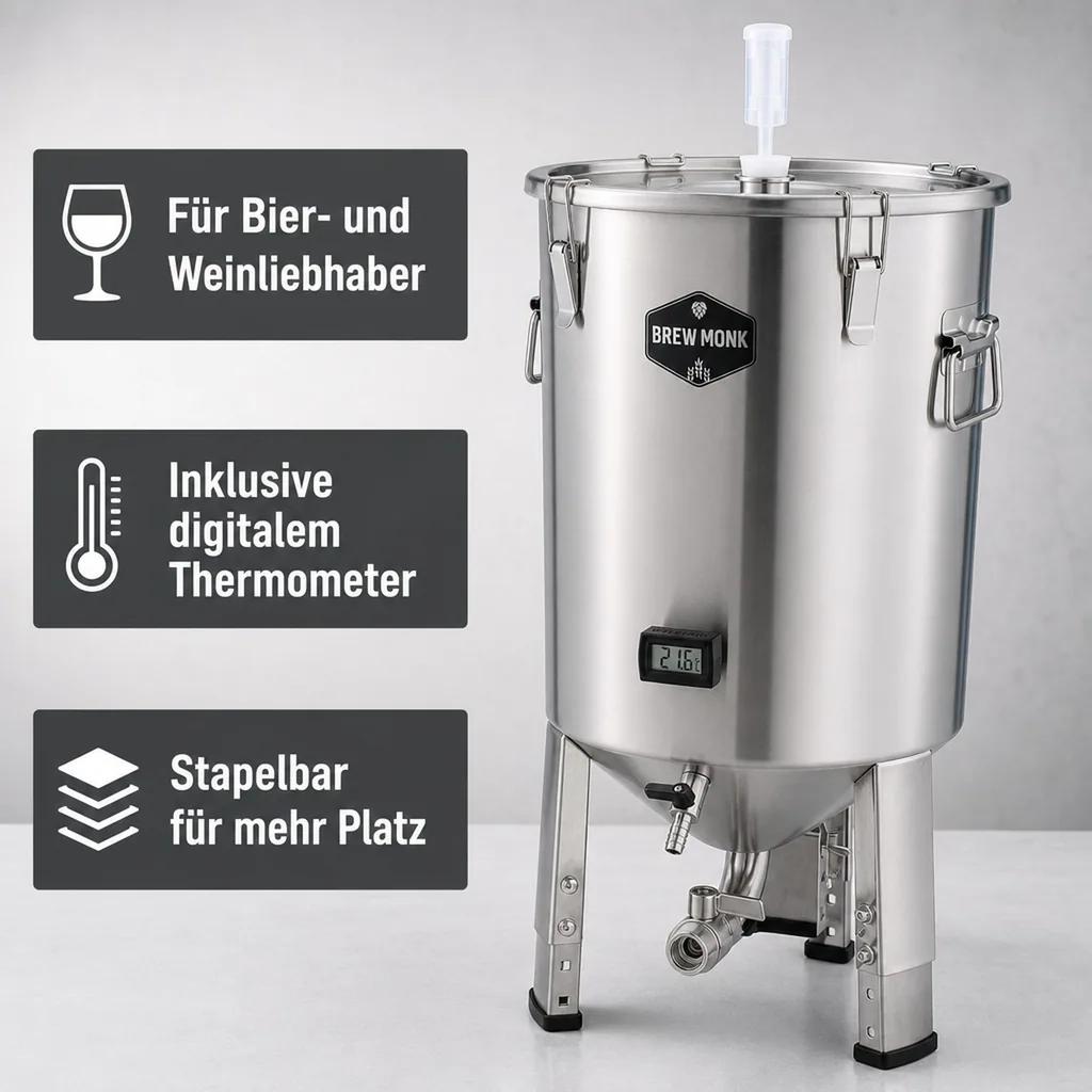Gärbehälter, Getränkefass - Brew Monk - Edelstahl, 30L, Ausgestattet mit konischem Boden