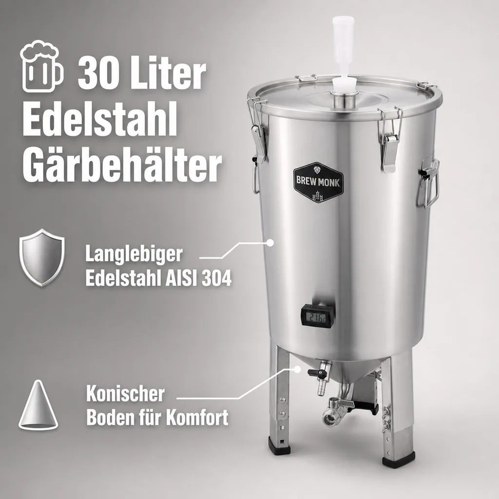 Gärbehälter, Getränkefass - Brew Monk - Edelstahl, 30L, Ausgestattet mit konischem Boden