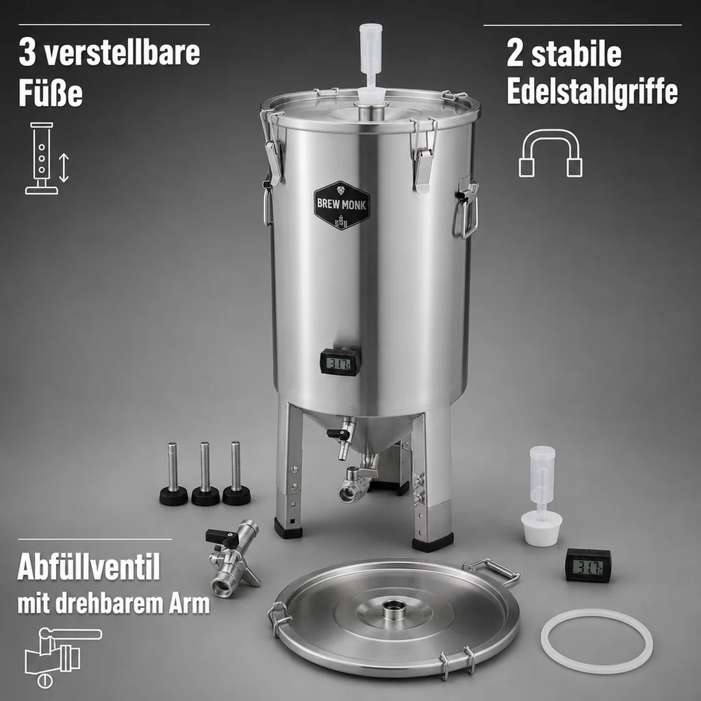 Gärbehälter, Getränkefass - Brew Monk - Edelstahl, 30L, Ausgestattet mit konischem Boden