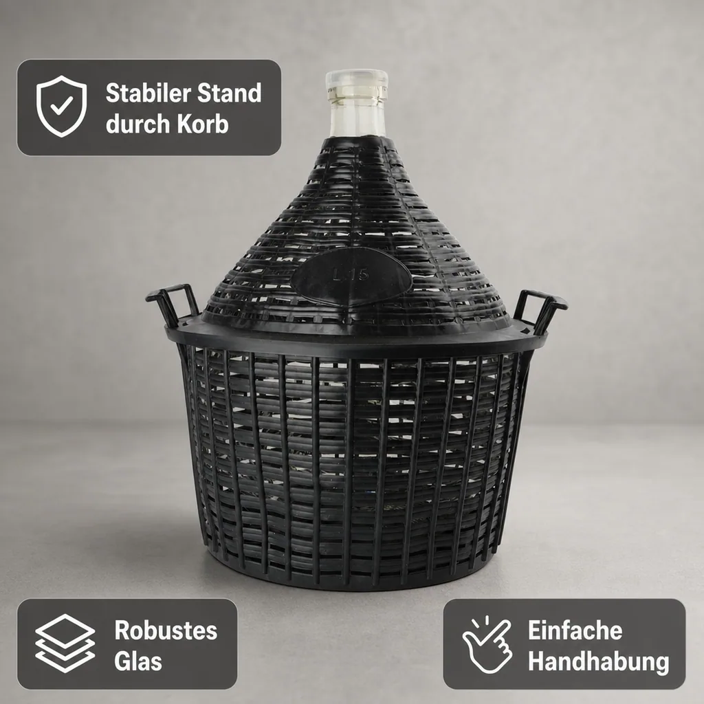 Weinballon, Glasballon, Dame Jeanne im Weidenkorb - 15L, normale Öffnung + Kunststoffstopfen