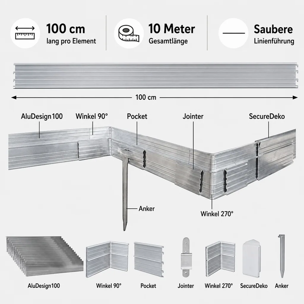 10er Set Ultra Starke Alu Rasenkanten 10cm x 1m (10m lang) | Beeteinfassung | Beetumrandung | Beetbegrenzungen, Color-GS: ohne Farbe