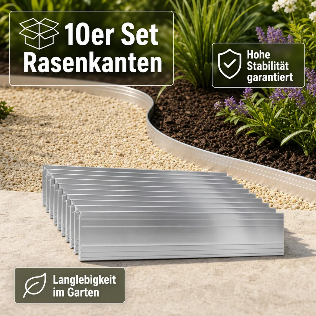 10er Set Ultra Starke Alu Rasenkanten 14cm x 1m (10m lang) | Beeteinfassung | Beetumrandung | Beetbegrenzungen, Color-GS: ohne Farbe