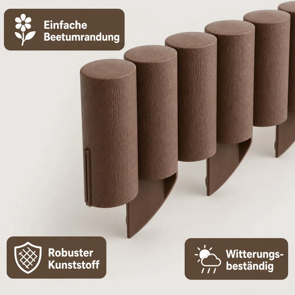 Palisaden aus Kunststoff braun 230cm x 25.5 cm | Rasenkanten | Beeteinfassung | Beetumrandung | Beetbegrenzungen