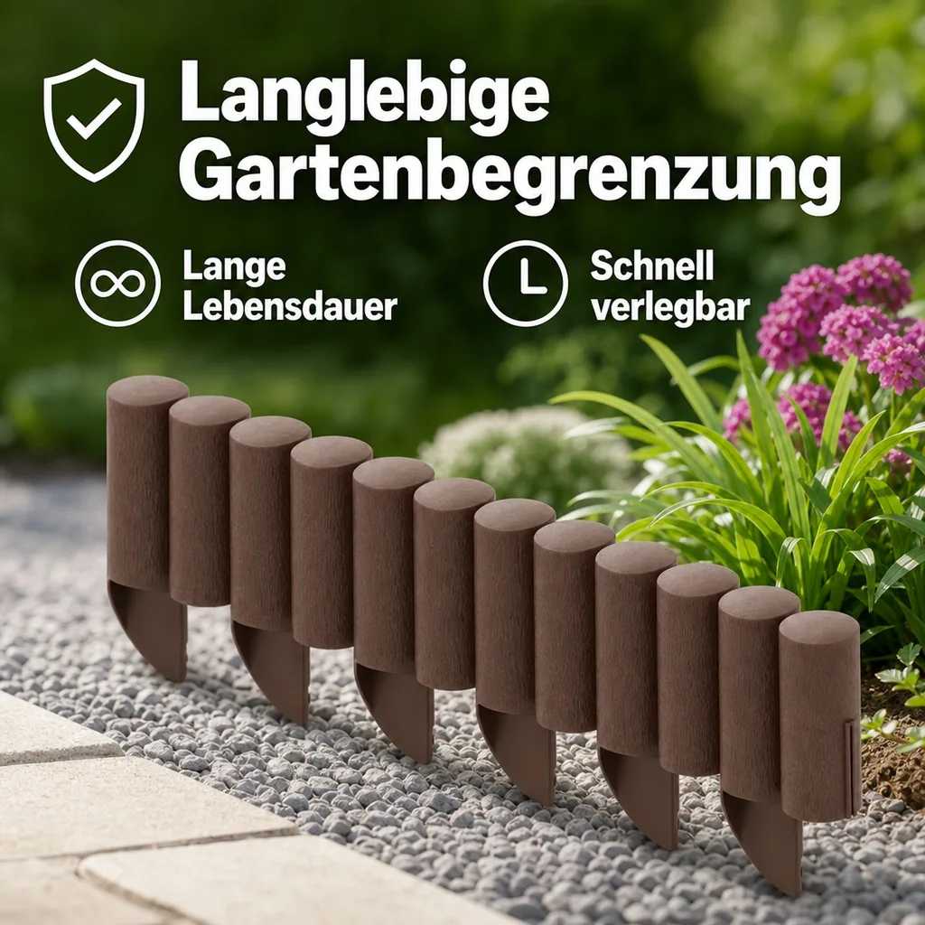 Palisaden aus Kunststoff braun 230cm x 25.5 cm | Rasenkanten | Beeteinfassung | Beetumrandung | Beetbegrenzungen
