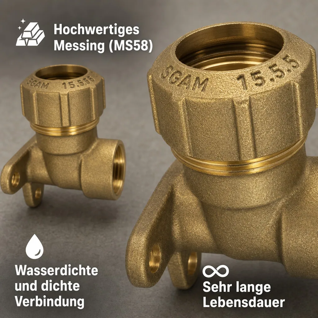 PE Rohr Verschraubung, Messing, Wandhalterung 90°, 20mm x 1/2" IG