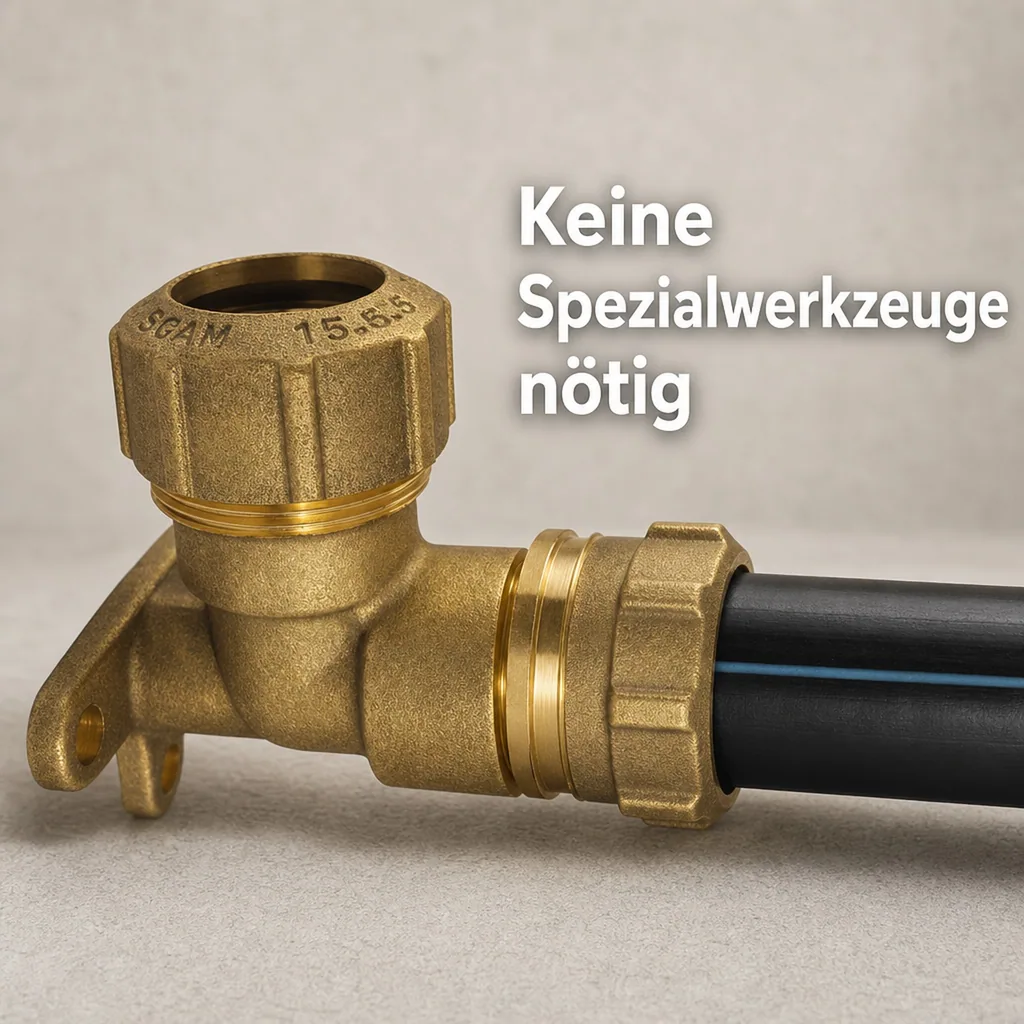 PE Rohr Verschraubung, Messing, Wandhalterung 90°, 20mm x 1/2" IG
