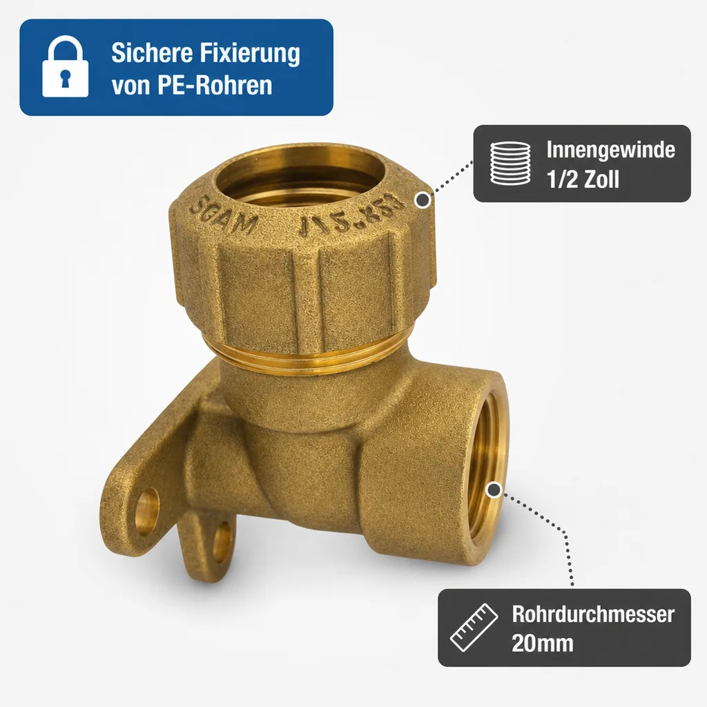 PE Rohr Verschraubung, Messing, Wandhalterung 90°, 20mm x 1/2 IG