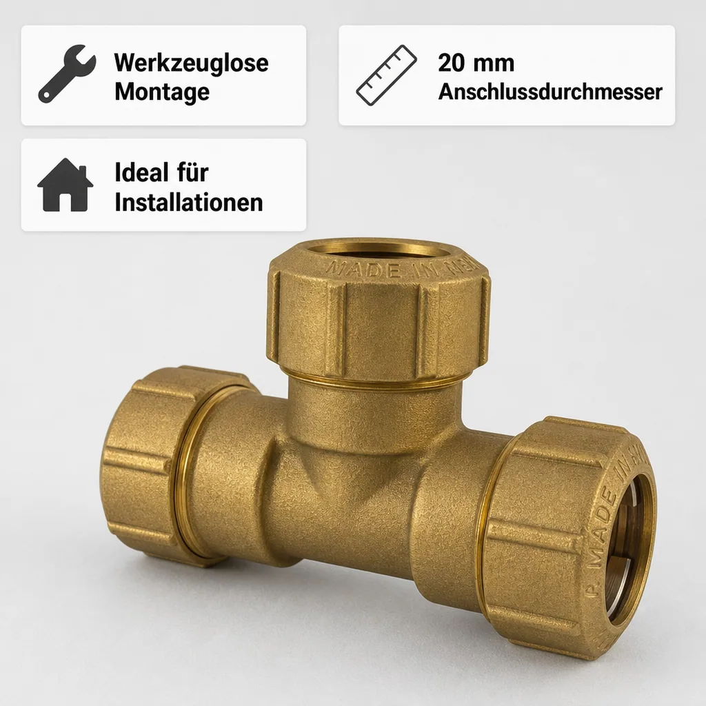 PE Rohr Verschraubung T-Stück Messing 20x20x20, Trinkwasser, Gas geeignet
