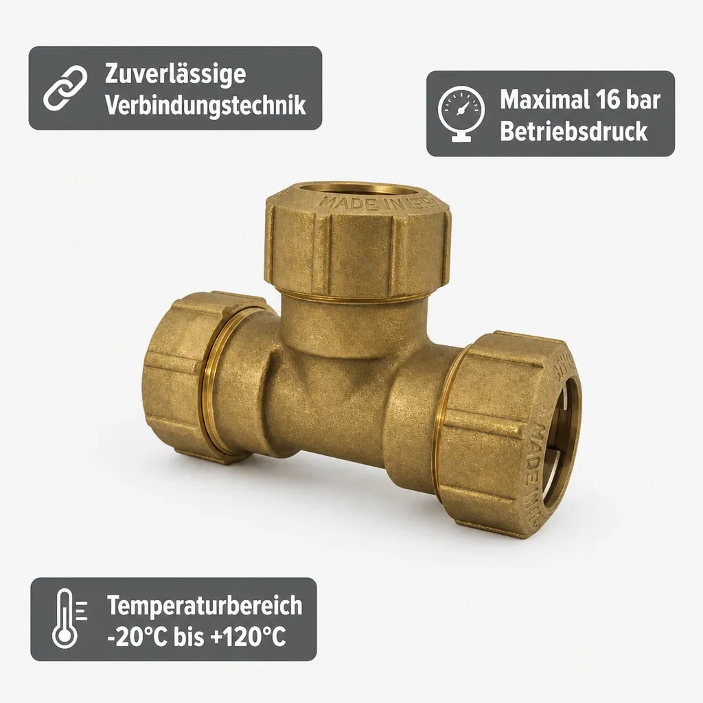 PE Rohr Verschraubung T-Stück Messing 20x20x20, Trinkwasser, Gas geeignet
