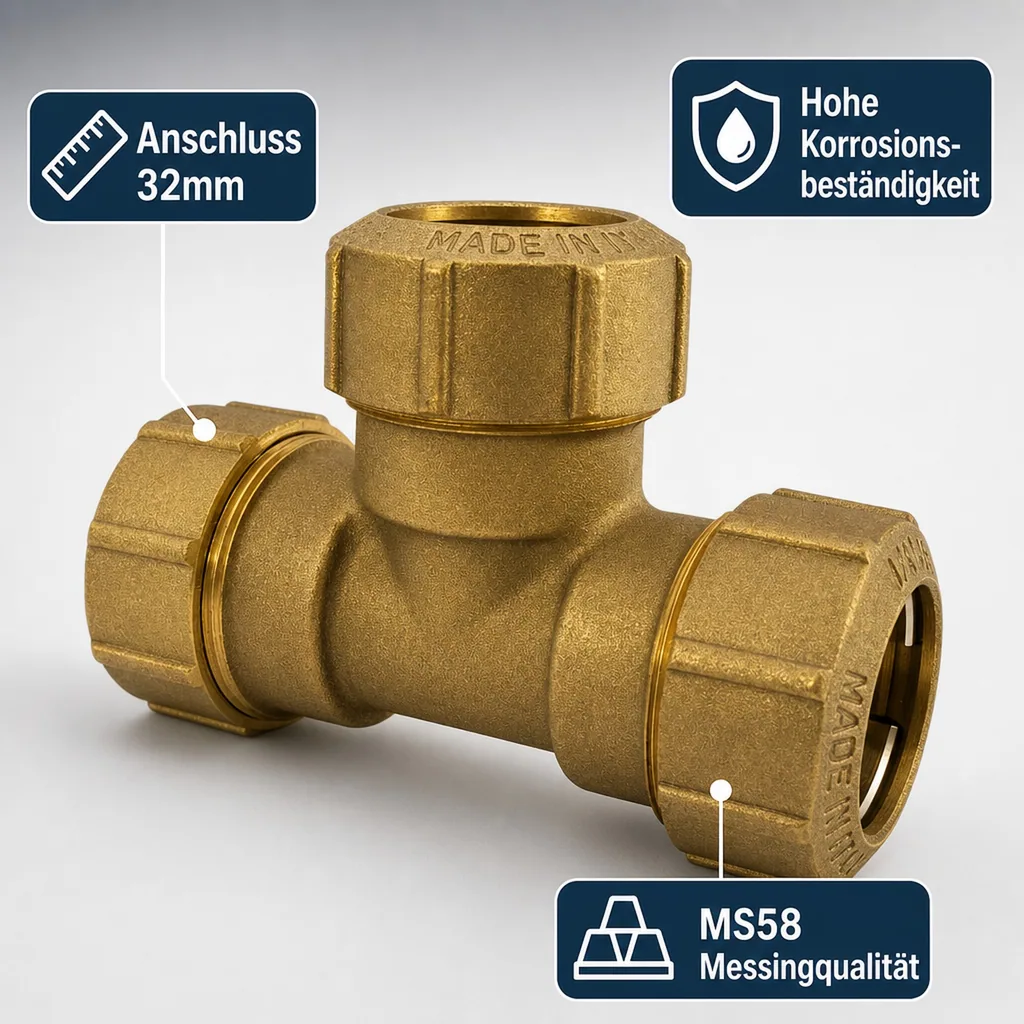 PE Rohr Verschraubung 32mm, Messing T-Stück, Trinkwasser Verschraubung