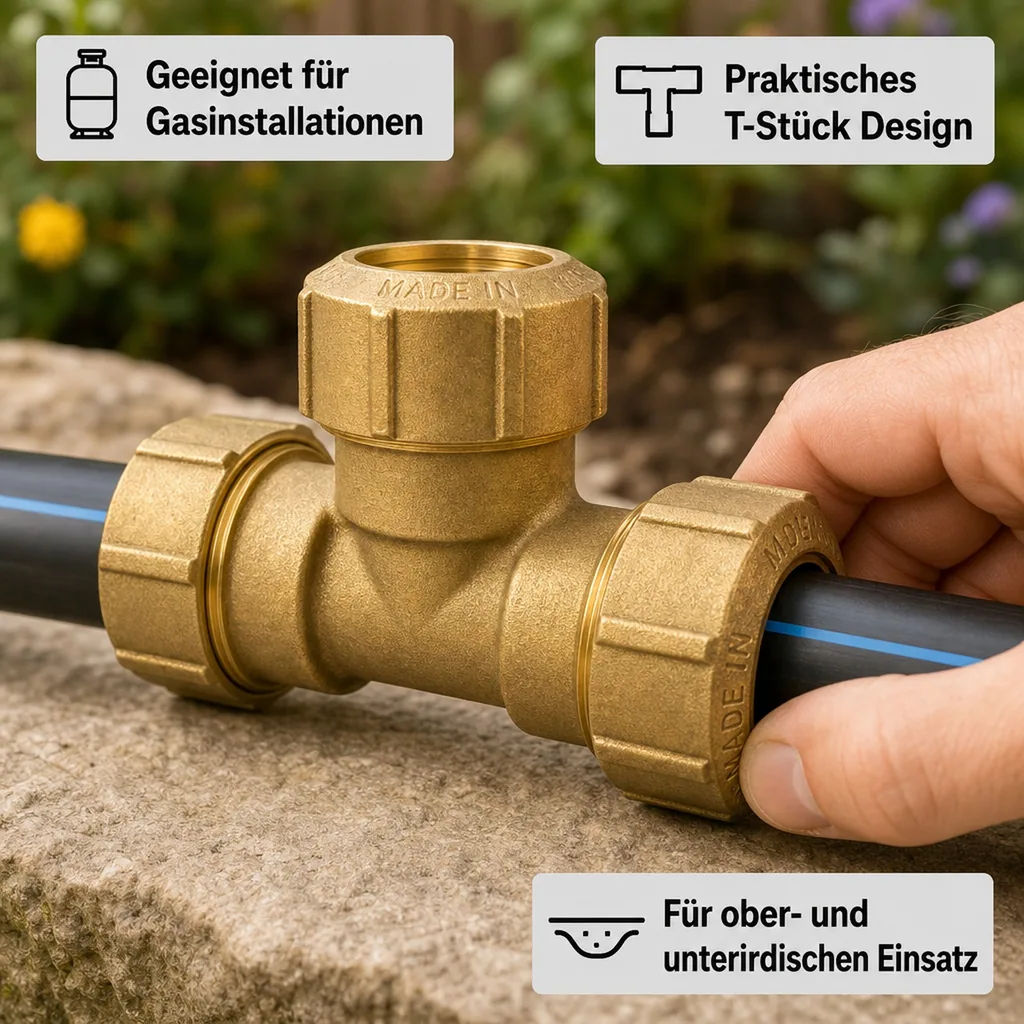 PE Rohr Verschraubung 32mm, Messing T-Stück, Trinkwasser Verschraubung
