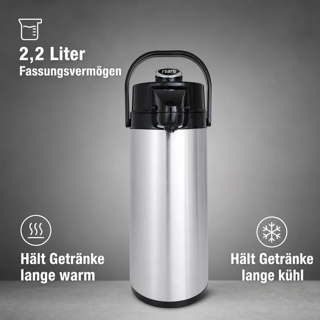 Thermoskanne, Pumpkanne, Isolierkanne - 2,2L, Stilvolle Erfrischung für heiße und kalte Getränke