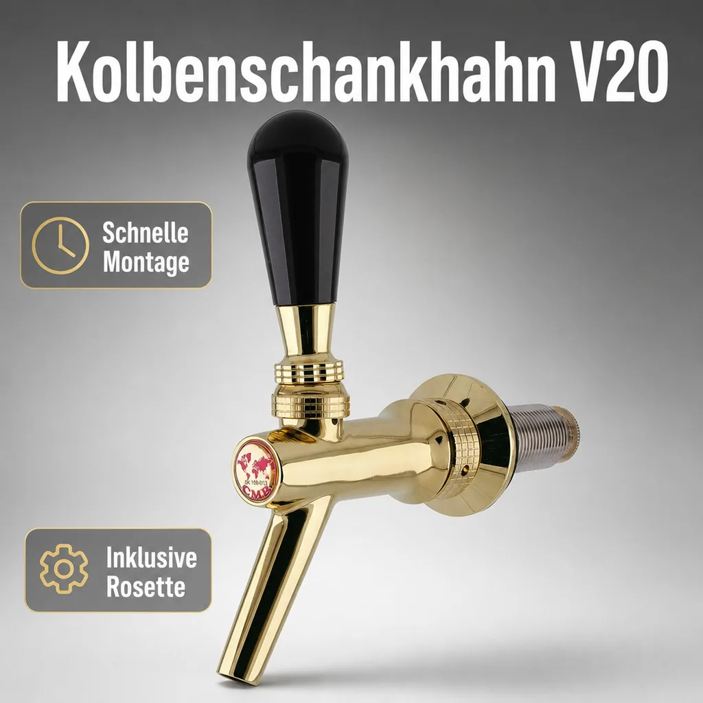 Zapfhahn, Bierzapfhahn, Schankhahn, Kolbenschankhahn aus Chromnickelstahl, Modell - V20, Gold