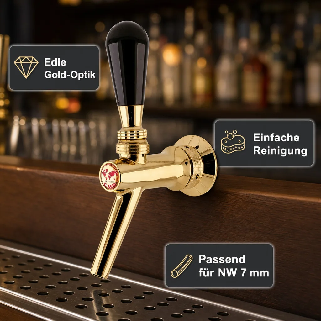 Zapfhahn, Bierzapfhahn, Schankhahn, Kolbenschankhahn aus Chromnickelstahl, Modell - V20, Gold