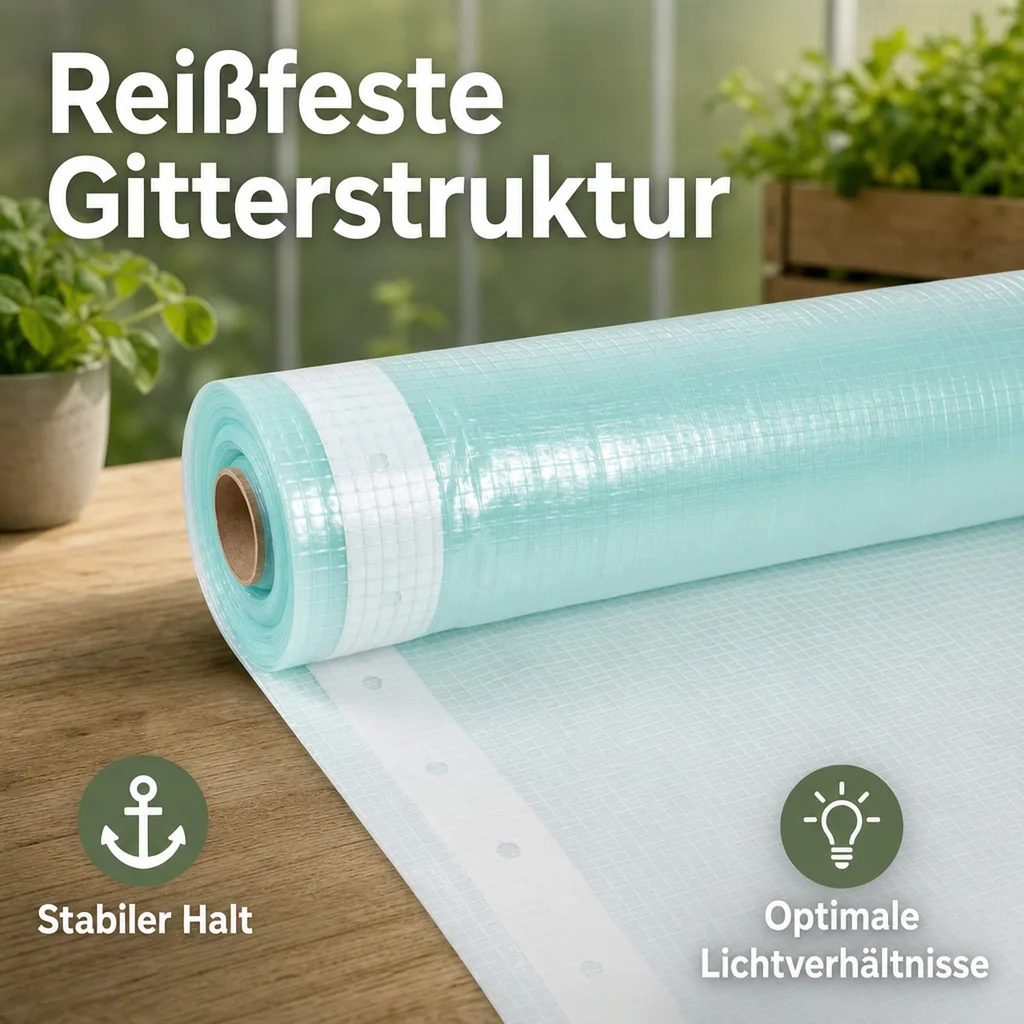 Gitterfolie, Gewächshausfolie, 2 Breite x 12 Meter, Nagelrand, reißfest