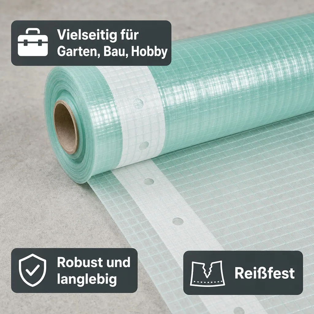 Gitterfolie, Gewächshausfolie, Baufolie 2 Breite x 16 Meter, mit Nagelrand
