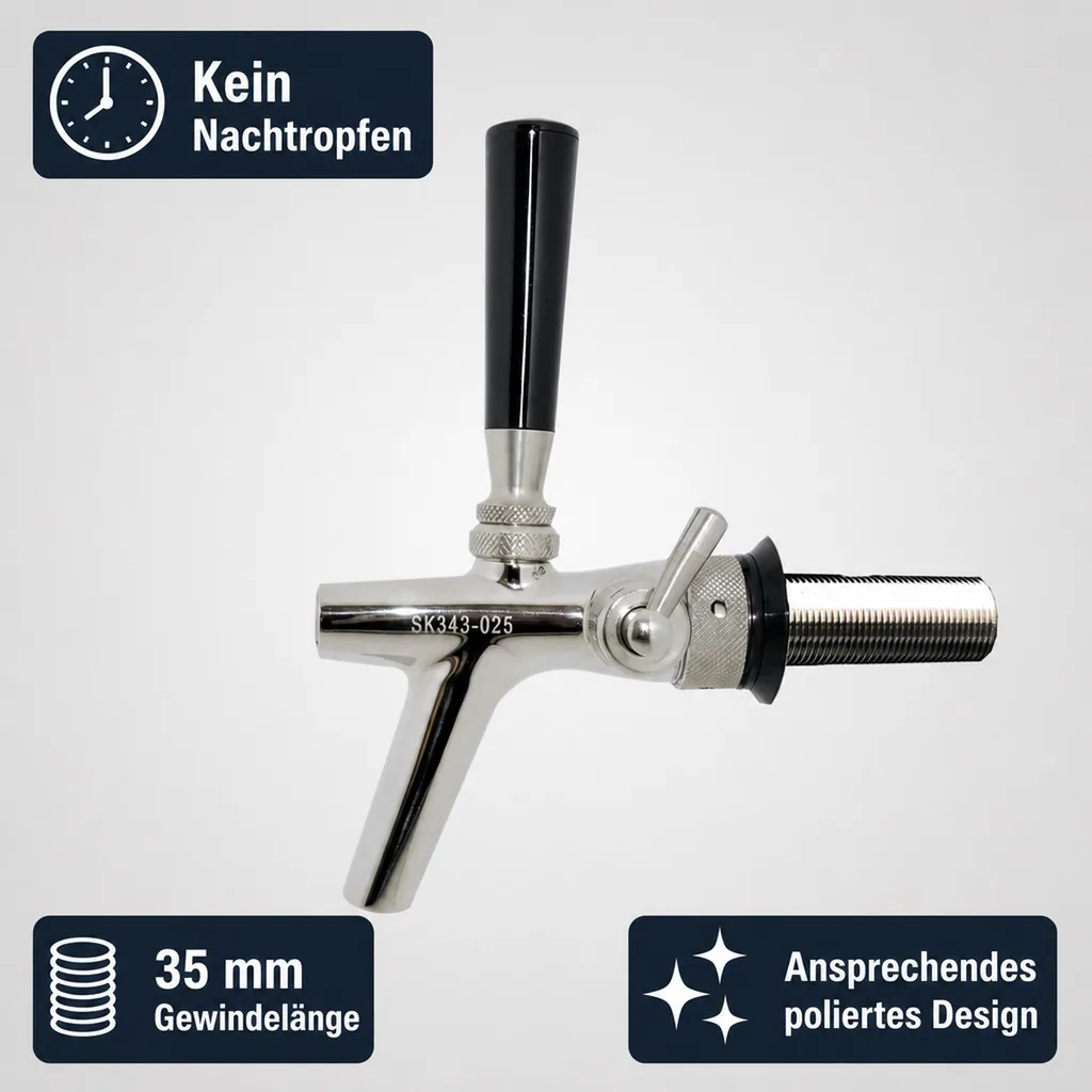 Zapfhahn, Kompensatorhahn, Bierzapfhahn, Schankhahn aus Chromnickelstahl, Modell - P3500, Poliert, Gewindelänge: 35 mm