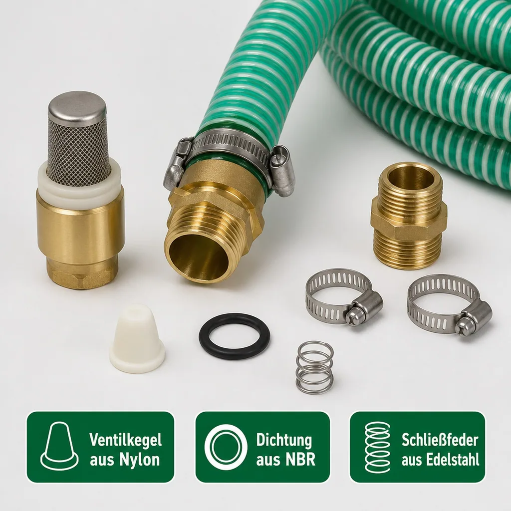 1"/25mm Saug- + Druckschlauch mit Saugkorb, Rückschlagventil + 1" AG Doppelnippel 10m