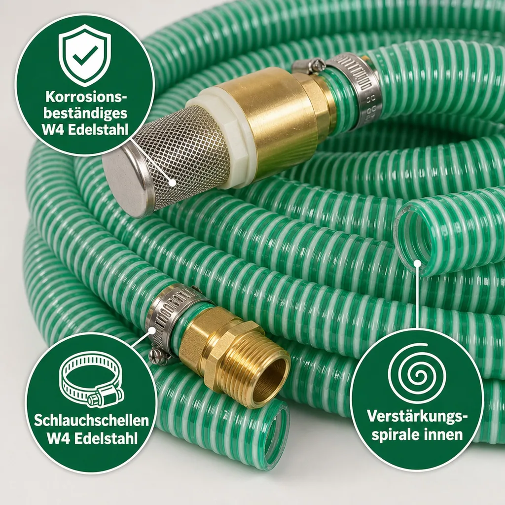 1"/25mm Saug- + Druckschlauch mit Saugkorb, Rückschlagventil + 1" AG Doppelnippel 10m