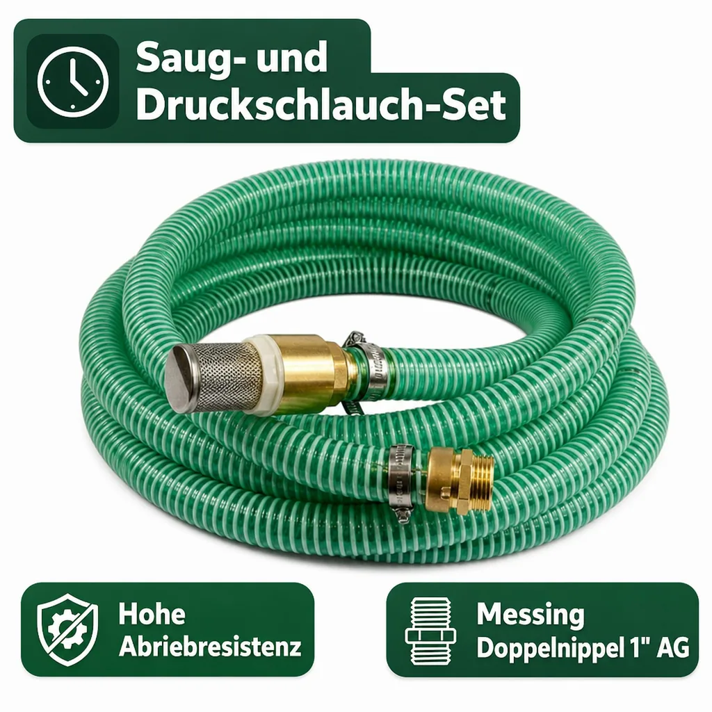 1"/25mm Saug- + Druckschlauch mit Saugkorb, Rückschlagventil + 1" AG Doppelnippel 10m