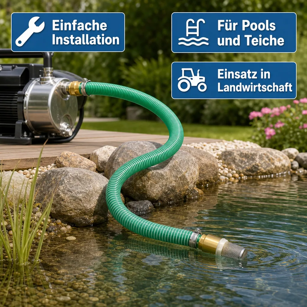 Saug Druckschlauch 1 Zoll Set, Saugkorb mit Rückschlagventil, Doppelnippel Messing - 1m