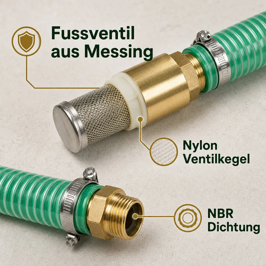 1"/25mm Saug- + Druckschlauch mit Saugkorb, Rückschlagventil + 1" AG Doppelnippel 20m