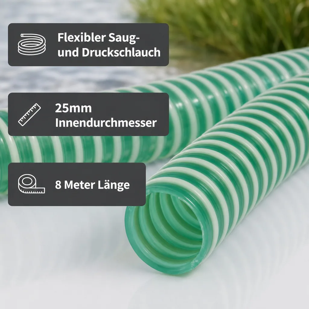 Druckschlauch 25mm, Saug- und Druckschlauch 8m, Pool, Teich, Industrie