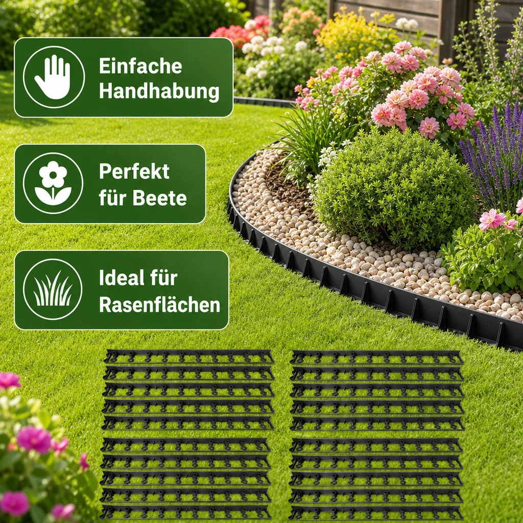 20er Set Rasenkante aus Kunststoff 20m | Beeteinfassung | Beetumrandung | Beetbegrenzungen | Palisaden Kunststoff