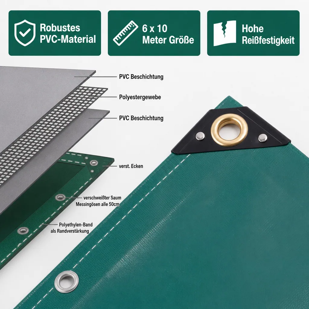 Abdeckplane grün, 650 g/m² PVC, 6 x 10m (60m²), wasserdicht, Gewebeplane