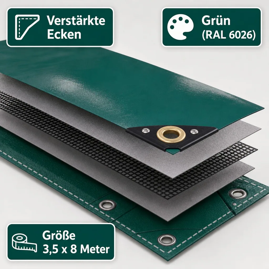 Abdeckplane, Gewebeplane, grün, 3,5 x 8m, 650 g/m², wasserdicht