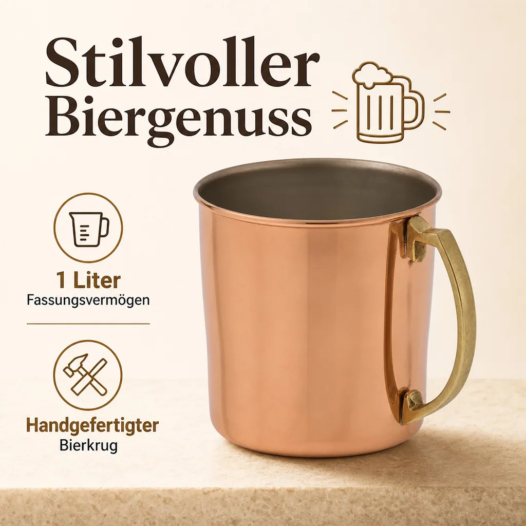 Bierkrug, Bierseidel - 1 L, Kupfer-Zinn, Handgefertigt